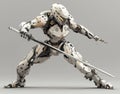 A 3D render on a gray background showcases a sci-fi mech warrior in a defensive stance, sword in hand, ready for combat Royalty Free Stock Photo
