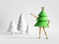 3d render. Green Christmas tree cartoon character with mannequin legs posing. Minimal seasonal clip art isolated on white Royalty Free Stock Photo