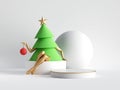 3d render. Green Christmas tree cartoon character with mannequin legs sits on white platform podium. Seasonal empty showcase, Royalty Free Stock Photo