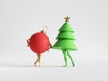 3d render. Green Christmas tree and red ball ornament with mannequin legs. Abstract colorful seasonal clip art isolated