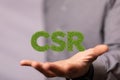 3D render of green CSR letters in hand for the Corporate social responsibility concept Royalty Free Stock Photo