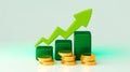 3D render green growth chart, arrow, gold coin stacks, light blue Royalty Free Stock Photo