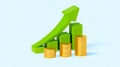 3D render green growth chart, arrow, gold coin stacks, light blue Royalty Free Stock Photo