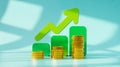 3D render green growth chart, arrow, gold coin stacks, light blue Royalty Free Stock Photo