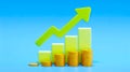 3D render green growth chart, arrow, gold coin stacks, light blue Royalty Free Stock Photo