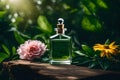 3D render, Green perfume bottle mockup with nature background and flowers