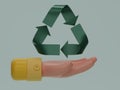 3D render green Recycle on hand icon isolated on light green background. Minimal recycle symbol. Shiny recycling symbol. Rotation