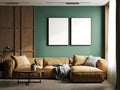 3d render of a green room with a lather brown sofa. Home interior 3d rendering Royalty Free Stock Photo