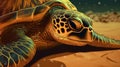 3D render of a green sea turtle in the sand with stars Royalty Free Stock Photo