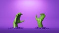 3d render, green zombie hands burst out of the ground, halloween clip art isolated on purple background