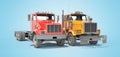3d render group red and orange dump truck isolated on blue background with shadow