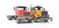 3d render group red and orange dump truck isolated on white background with shadow