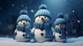 3d render of a group of snowmen in winter clothes. Generative AI