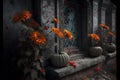 3D render of a halloween background with pumpkins and flowers