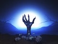 3D Halloween background with zombie hand erupting out of the ground