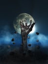 3D Halloween background with zombie hand erupting out of the ground