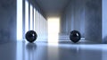 3D Render of a Hallway with Two Black Spheres Royalty Free Stock Photo
