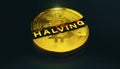 3d render of a halved golden Bitcoins and the message halving