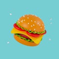 3d render of a hamburger on a blue background. juicy burger with sesame seeds flying around