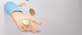 3D render of hand and golden coins. Shopping online and e-commerce on web business concept. Secure online payment transaction with Royalty Free Stock Photo