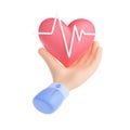 3d render hand holding heart with pulse line beat