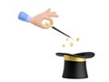3d render hand holding magic wand over top hat Royalty Free Stock Photo