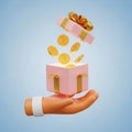 3D Render of a Hand Presenting an Open Gift Box Overflowing with Bitcoin Cryptocurrency Coins Royalty Free Stock Photo
