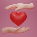 3D render Hands hold a red heart. Friendship and love icons. social responsibility, mutual love icons. Trust friends, partnership