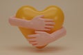 3D render hands hugging a yellow heart with love. Hand embracing white heart isolated on yellow background. Love yourself. used