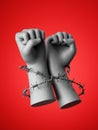 3d render, hands wrapped with barbwire, isolated on red background. Angry fists. Victory gesture political statement.