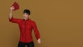 3D Render :Handsome Asian smiling man with Chinese traditional dress male cheongsam or qipao holding ang pow