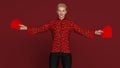 3D Render :Handsome caucasian smiling man with Chinese traditional dress male cheongsam or qipao holding ang pow