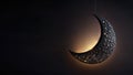 3D Render of Hanging Exquisite Crescent Moon With Stars On Black Background. Islamic Religiou