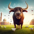 3D Render of A Happy Buffalo Celebrating Eid Al Adha Feast