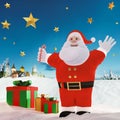 3D render of happy bulky santa claus with open arms standing in snowy countryside