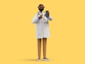 3d render. Happy doctor, african cartoon character shows smart phone device with blank screen. Medical application concept. Clip