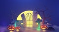 3d Render, Happy Halloween Day background with night scene and cute spooky design. Halloween pumpkins, skull, ghost and spider Royalty Free Stock Photo