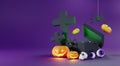 3d Render, Happy Halloween Day background with night scene and cute spooky design. Halloween pumpkins, skull, ghost and spider Royalty Free Stock Photo