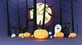 3d Render, Happy Halloween Day background with night scene and cute spooky design. Halloween pumpkins, skull, ghost and spider Royalty Free Stock Photo