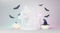 3d Render, Happy Halloween Day background with Podium stand product and white neon scene and cute spooky design. Halloween