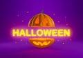 3d render of Happy Halloween pumpkin cut on purple background abstract with candle light inside. The spooky night for postcard,
