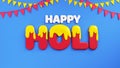3D Render Of Happy Holi Text With Dripping Effect On Blue Background Decorated With Bunting