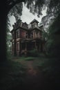 3D render of a haunted house in the woods with trees in the background