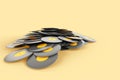 3d render heap of black vinyl records to play music on yellow background. Gramophone record, vintage lp disc, single