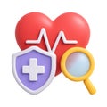 3D Render of Heart, Shield, and Magnifying Glass Royalty Free Stock Photo