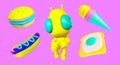 3d render hipster sticker set creative funny Alien and stylish food objects Cosmic trendy vibes