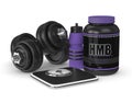 3d render of HMB container with gym tools Royalty Free Stock Photo