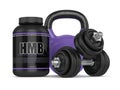3d render of HMB container with kettlebell and dumbbells Royalty Free Stock Photo