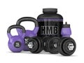 3d render of HMB container kettlebells and dumbbells