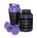 3d render of HMB container with shaker and dumbbells